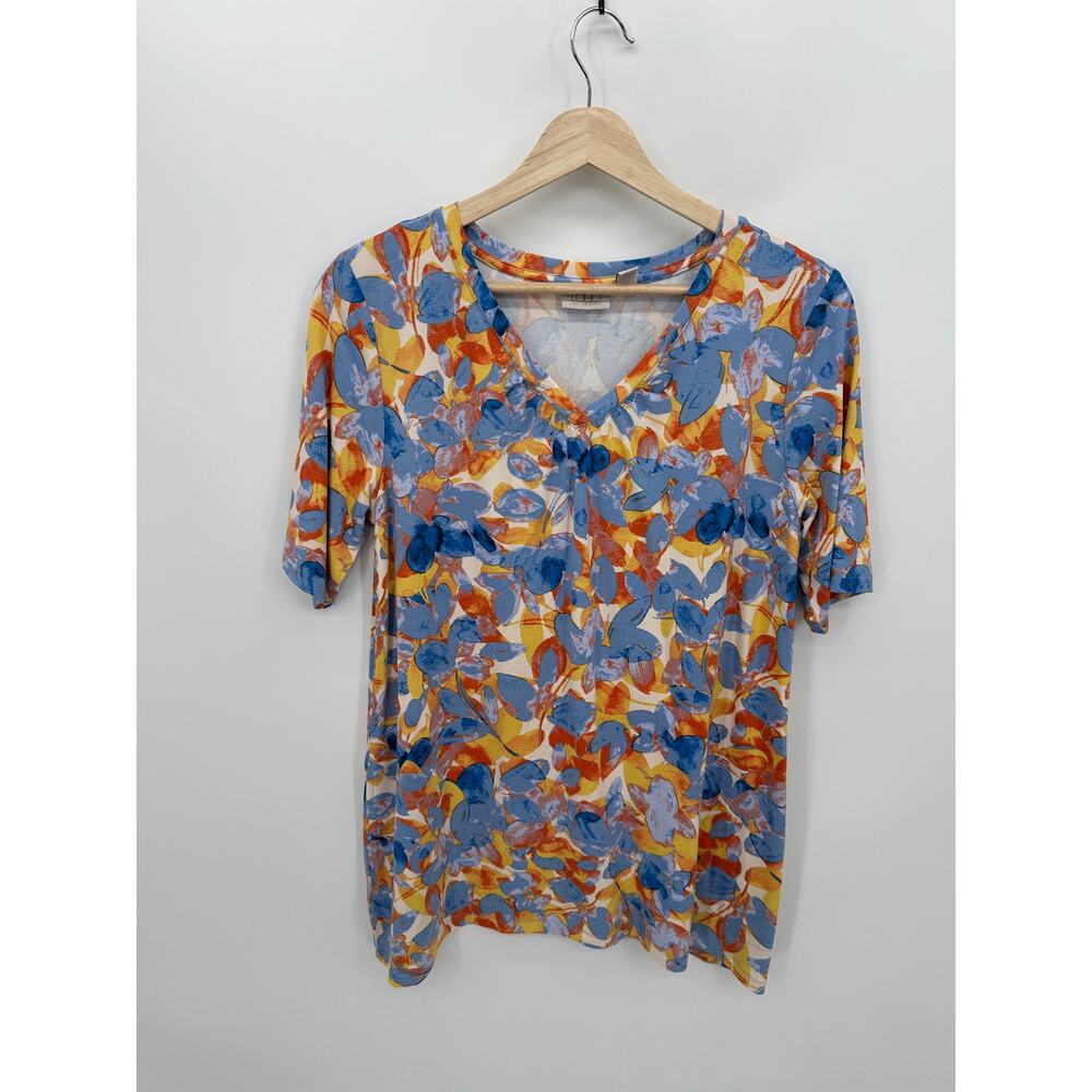 LOGO by Lori Goldstein Tunic Top Women Small Floral Printed Sharkbite Hem Pocket
